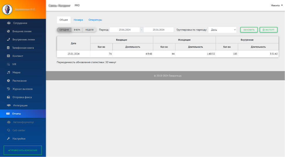 Интерфейс «Отчёты»
